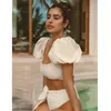 Taille haute Arrivée Bikini Set Blanc Strappy Maillots de bain Femmes Push Up Manches Bandage Maillot de bain Maillot de bain Beach Wear 210611