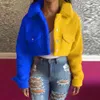 Yellow Blue Color Block Spliced Crop Jacket Casual Turn Down Collar Long Sleeve Coat Fall Winter Button Pocket Outwears 211014