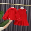 아기 소녀 드레스 중국 빨간색 탕 수트 겨울 전통 새 해 옷 유아 두꺼운 모직 따뜻한 조끼 드레스 + 코트 세트 210414