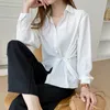 Mode Kvinnor Långärmad Blus Casual Lace Up T Shirts Elegant Lapel Neck OL Asymmetriska Toppar Vår Blusas Femininas 316g 210420