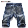 Holyrising Men Casual Denim Stylish Elastic Ripped Mid Waist Slim Fit Patchwork Knee-Length Short Pockets Size 27-46 210716