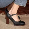 Meotina Women Pumps Genuine Leather Platform Super High Heel Shoes Buckle Strap Thick Heels Footwear Ladies Party Shoes Black 210520