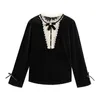 Elegant Lace Flower Patchwork Beaded Bow Blouse Women Sweet O Neck Black Velvet Shirt Blusa Long Sleeve Tops Pullover 210416