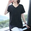 女性のVネック明るい糸の半袖服サマートップスM-4XLロングシャツTシャツ10136 210417