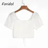 White Lace Embriodery Cotton Blouse Tops Puff Sleeve Up Ruched Crop Hollow Out Cute Summer Top 210427