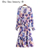 beauty Fashion Boho Vintage Print Midi Dress Women Holiday Elastic Waist Long Sleeve Summer Ladies Dresses 210514