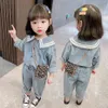 Kids Clothes Patchwork Clothing For Girls Denim Jacket jeans Girls Clothing Sets Casual Children's Suits 210412