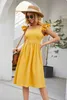 Yellow cotton backless dress women summer ruffle beach midi casual holiday boho 210427