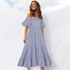 Ruffle Stitching High Waist Big Swing Dress For Women Summer Sexy Off Shoulder Plaid Print Robes Femme Vestidos 210517
