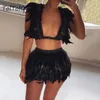 Goth Real Feather 2 Piece Outfits Kvinnor Sexig Cardigan Crop Top Fluffy Black Kjolar Två Piece Set Party Clubwear Matching Sets X0709