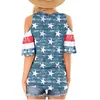 Kvinnors T-shirt Kvinnor T-shirts Kall axel TEE Tops Patriotiska Amerikanska Flagg Stripes Star Button V-Neck Femme Polera # G2
