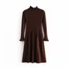 우아한 프릴 긴 소매 니트 스웨터 드레스 여성 솔리드 라인 보우 주름을 주름 장식으로 가을 겨울 캐주얼 드레스 숙녀 210414