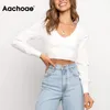 Chique gebreide witte t-shirt vrouwen v-hals mode korte t-shirt lange mouw solide schede lady crop tops mujer camisetas s-m 210413