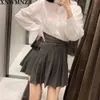 women box pleat High-waist mini skirt Side fastening with contrast buckles and inside button Sexy vintage skirts 210520