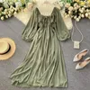 Chiffon Vestidos Puff Sleeve A-line Vintage Spring Long Dresses Square Neck Korean Chic Woman Dress Elegant 210415