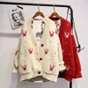 H.SA Vårkvinnor Mode Koreanska Jackor Hjortbroderi Long Coat Oversized Knit Tröja och Cardigans Femme 210417