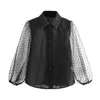 Women Black Organza Blouse Transparent Turn Down Collar Long Puff Sleeve Shirt Female Ladies Tunic Tops 210508