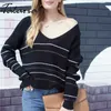 Knitwear Color Block Striped Sweater Kvinnors Fashion Långärmad V-Neck Pullovers Tops Oversized Fluffy Tröjor 210514