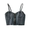 Koreański styl Moda Casual Zipper Krótki Cropped Denim Kamizelka Damskie Topy Lato Ostrożna maszyna Beauty Back Camisole Halter Top 210420