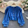 Autumn Winter Women Corduroy Blouse Sweaters Vintage Round Neck Single Breasted Long Puff Sleeve Short Shirt Female Fashion Tops 2022 New