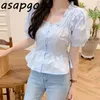 Camicette Camicie Abbigliamento da donna Chic Estate Dolce Blu Ruffles Collo quadrato Manica a sbuffo Top corti Slim Lace Up Blusas in vita 210429