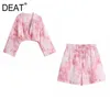 [DEAT] Summer Fashion Printing Tie Dye Long Sleeve V-neck Tops Casual Shorts Women Two-piece Suit 13C936 210527