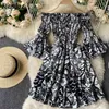 Neploe Chic Flower Print Design Women Dresses Sweet Flare Sleeve Slim Fit Vestidos Spring Sexy Slash Neck High Waist Dress 210423