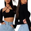 Women's T-Shirt Summer Spring Women Black Sexy Halter Crop Tops Long Sleeve Solid Color Cutout Front Slim Fit T-Shirts Casual Skin-Friendly