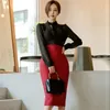 女性秋事務所OLワークを着用2個セットセクシースルーブラックブラウストップ+ハイウエスト赤鉛筆ボディコンスカート210519