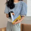 SURMIITRO T-shirt per le donne Moda Estate Stile coreano Manica corta Blu Margherita Floreale T Shirt Tees Maglietta femminile lavorata a maglia 210712