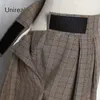 UNIREAL 2021 Sonbahar Kadın Ekose Pantolon Yüksek Bel Moda Vintage Gevşek Rahat Harem Pantolon Streetwear Q0801