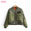 Army Green Round Neck Long Sleeve Pocket Chic Female Jacket Korean Pilot Thicken Warm Locomotive Women's Coat 210507