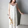 Johnature Vintage Summer Dress Stampa dritta senza maniche a metà polpaccio Spaghetti Strap O-Collo Casual Cotton Women Dress 210521