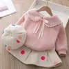 Baby Mädchen Winter Warme Kleidung Kind Polka Dot Rock Plüsch Zwei-stück Anzug Puppe Kragen Wolle Pullover Plus Samt verdickung Set 211025