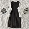 Kimutomo Casual Moda Suknie Kobiety Fałszywy Dwuczęściowy Długi Rękaw Wysokowy Talii List Drukowanie A-Line Black Vestido Midi Elegate 210521