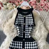 2021 Summer fashion design women's halter neck sleeveless houndstooth grid plaid print knitted casual dress bodycon tunic kne258r