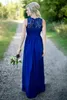 2021 Long Royal Blue Beach Country Style Bridesmaid Dresses Sheer Lace Neck Ruched Sexy Open Back Bridesmaids Dress Maid of the Honor Gowns