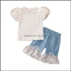 Klädsuppsättningar Baby Kids Baby, Maternity Girls Outfits Barn Hål Puff Sleeve Toppar + Spetsbyxor 2st / Set Sommar Mode Boutique Kläder