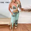 Kobiety Tropical Print Lace Trim Crop Top Slit Pants Ustaw Summer Wakacje Suit 211105