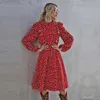 Moda Ruffles Heart Dot Dring Dress Kobiety Elegancki Pełny Rękaw Wysokowy Talia Ladies Wiosna Jesień Długa Dress Red 210715