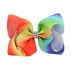 Girls 7CM Gradient Rainbow Ribbon Bow With Clip Bowknot Center Rhinestone Barrettes Hairgrips Headdress Beautiful