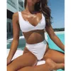 Wysoka talia bikini stroje kąpielowe kobiety pchanie stroje kąpielowe solidne białe czarne biquini cięte przedni kostiumami kąpielowe Dwa kawałki beachwear 210520