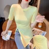 Kvinnors T-skjortor Kvinnor T-shirt Summer Korean Kläder Bomull Fashion Fast Elastic Sexig Split Asymmetrical Drape Women Tops Bottoming