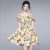 summer mini dress ruched slash neck sexy party holiday Camellia flower printed A-line casual plus size dresses vestidos 210421