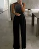 Kadın Çivili Kesme Dantelli Geniş Bacak Tulum Yeni Zarif Yuvarlak Boyun Kolsuz Uzun Pantolon Ofis Bayan Rahat Giyim Yeni 210415