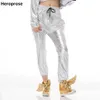 Heroprose女性のファッションシルバー弾性足首ストラップダンスステージストリートウェアワイドレッグルーズブルーマヒップホップハーレムパンツQ0801