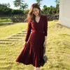 Elegant V-neck Sleeve Knitting Sweater Winter Office Lady Elastic A-line Female Belt Pleated Long Knitted Dress 210416