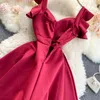Primavera moda temperamento rojo vestidos femenino con cuello en v delgado adelgazamiento mini vestido con orejas de madera C716 210506