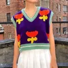 Симпатичные цветочные принт вязаные свитер жилет женщины Preppy стиль Y2K винтажные одежды пэчворк полосатый свитер жилет женский трикотаж Y0825