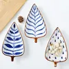 Ceramic Leaf Shape Appetizer Plates With Bamboo Tray Set of 4 Blue & White Japanese Seasoning Bowls Snacks Nuts Serving Platter Sushi Dishes